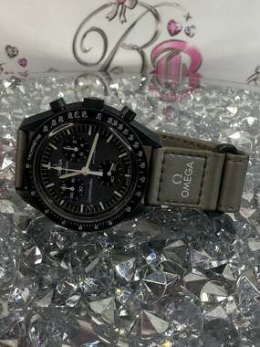 Omega swatch mission to mercury moon Black Dial Chronograph Grey Strap